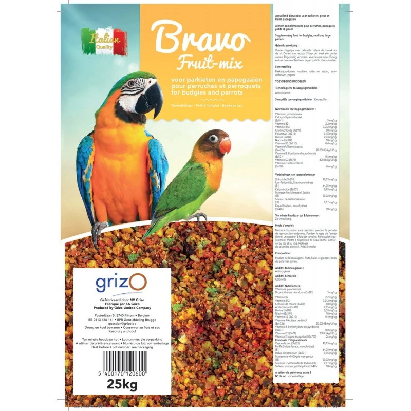 Bravo Fruit-Mix Grossier Pour Perruches Et Perroquets En Sac 25kg - Bird-X 1 Bravo Fruit-Mix Grossier Pour Perruches Et Perroquets En Sac 25kg - Bird-X